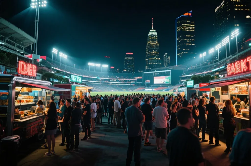 美国世界杯球场外球迷聚集与城市夜景