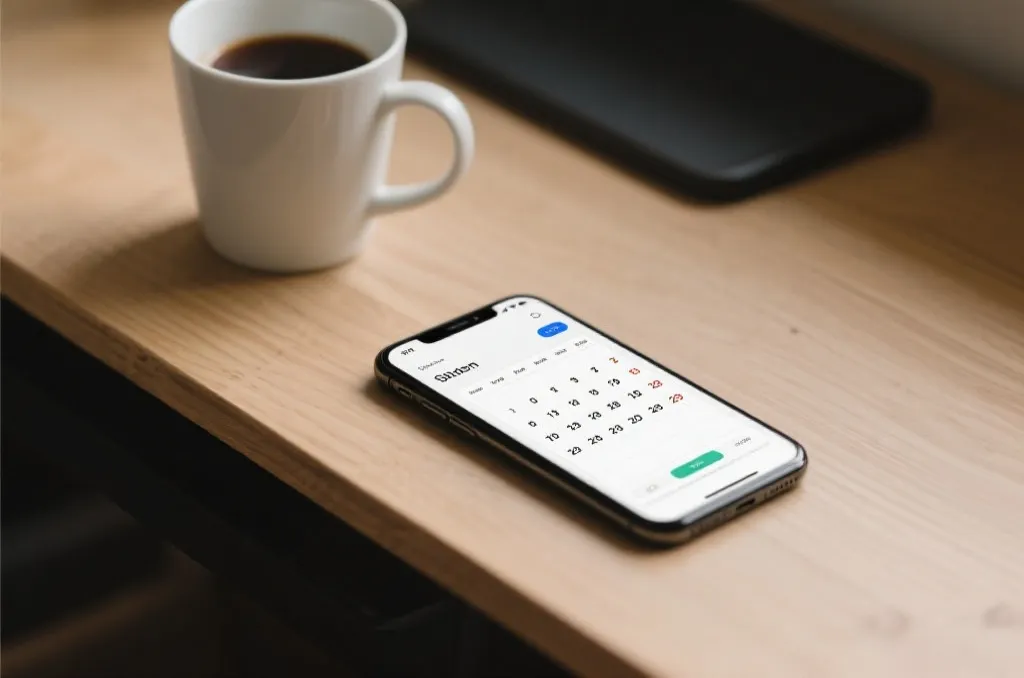 A high-quality editorial photo of a smartphone lying on a modern wooden desk next to a coffee cup, the phone screen displays a sleek sports calendar planner with dates and time zone conversions, clean design